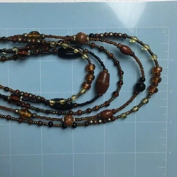 Vintage Beaded Necklace 1990s Layered Five Strands Brown Black w/ Lobster Clasp - Picture 5 of 8